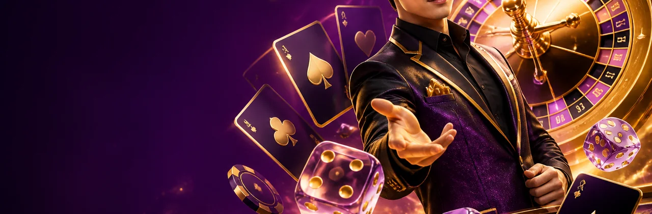Banner đánh giá game với quân bài và roulette vàng kim