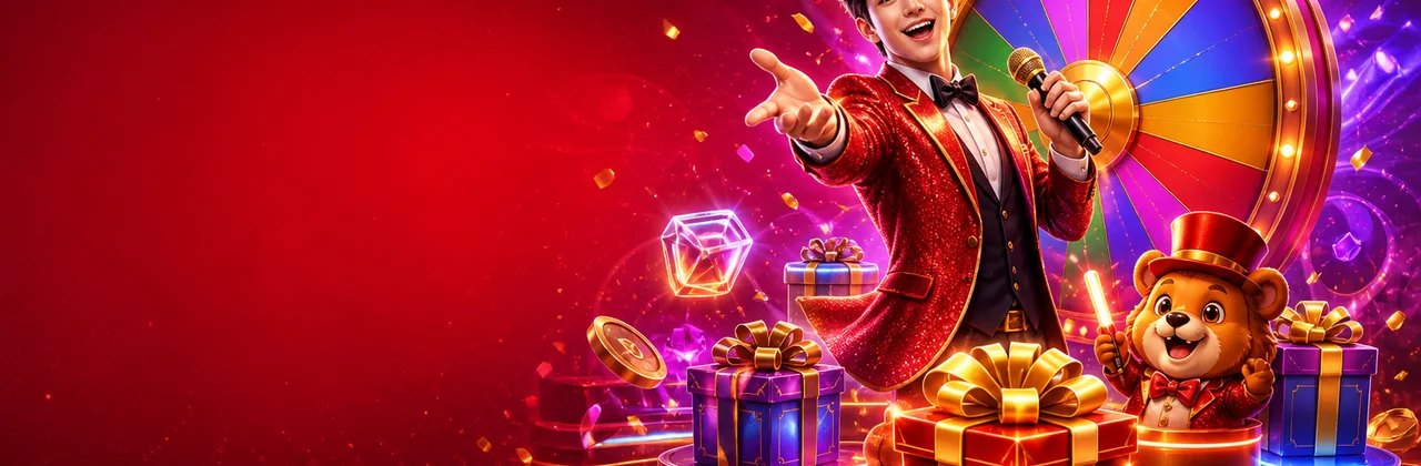 Banner sự kiện game với sân khấu và hộp quà phát sáng